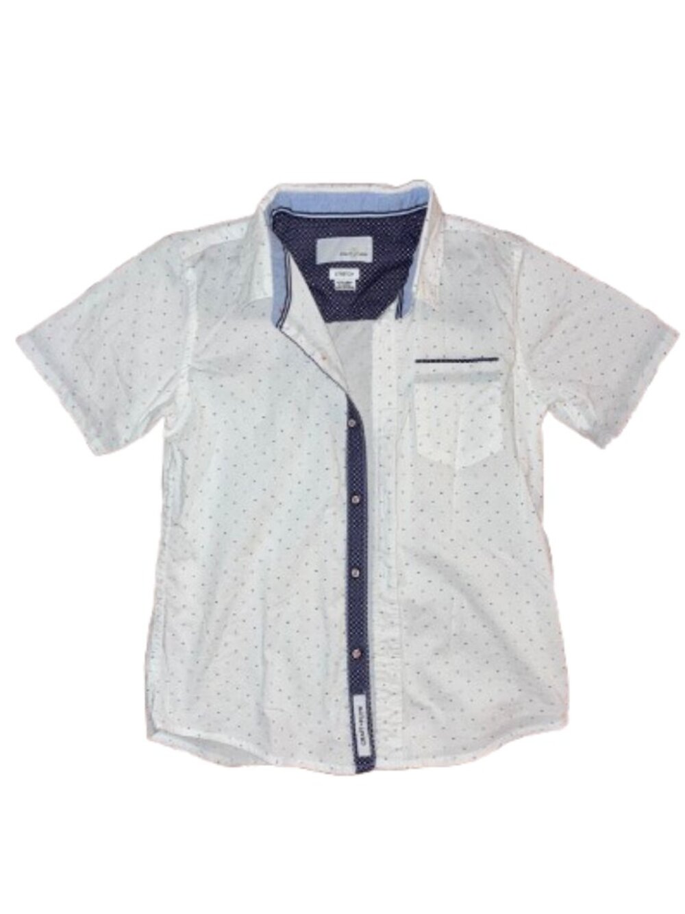 Boys White Short-Sleeve Button-Down Shirt with Navy Trim